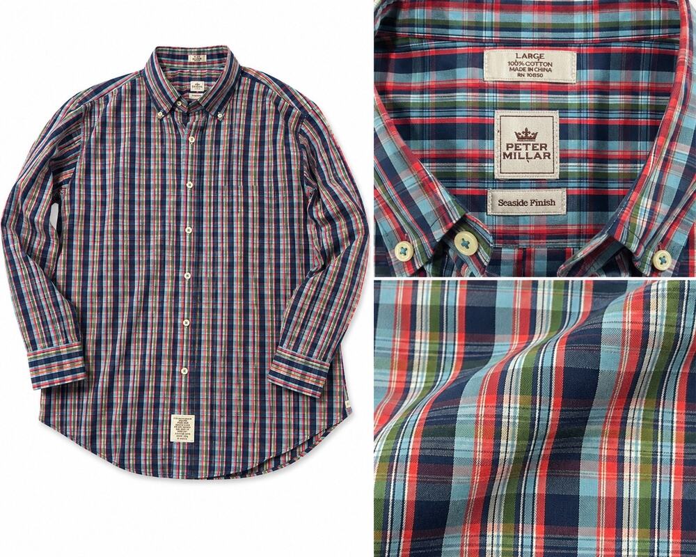 Peter Millar Seaside Finish Plaid Button Down Shirt Men’s Large 100% Cotton